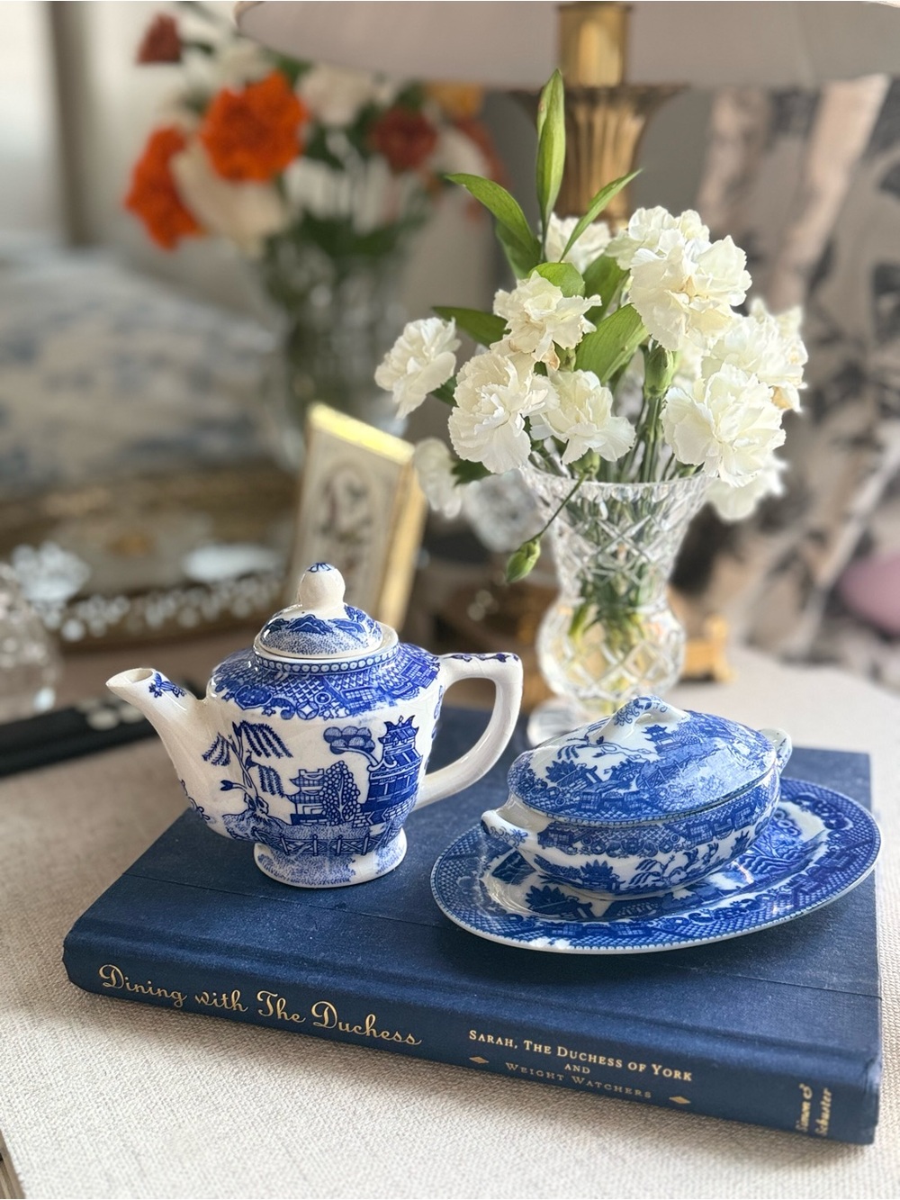 Blue Willow Mini Porcelain Teapot with Covered Dish & Underplate -Occupied Japan